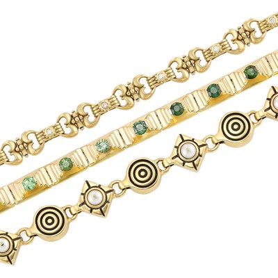 Lot 755 - Three Gold, Tourmaline, Diamond and Mabe Pearl Bracelets