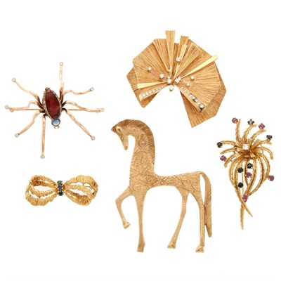 Lot 816 - Five Gold, Diamond and Gem-Set Brooches