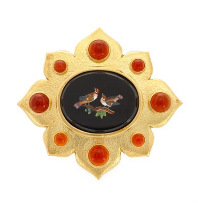 Lot 29 - Gold, Black Onyx, Micromosaic and Carnelian Pendant Clip-Brooch, Elizabeth Locke