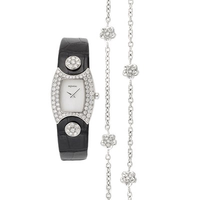 Lot 684 - Lady's White Gold and Diamond Wristwatch, Delaneau, and White Gold and Diamond Double-Sided Floret Chain Necklace