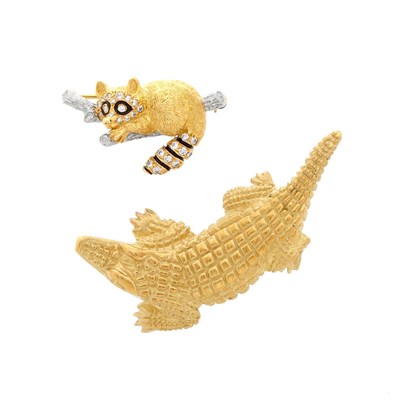 Lot 8 - Gold, Platinum, Diamond and Black Enamel Raccoon Pin, Tiffany & Co., and Gold Crocodile Brooch
