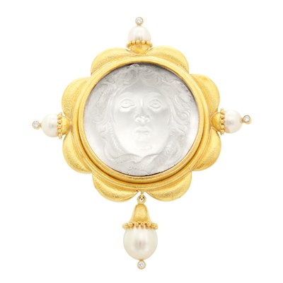 Lot 161 - Hammered Gold, Frosted Glass Cameo, Cultured Pearl and Diamond Clip-Brooch, Elizabeth Locke