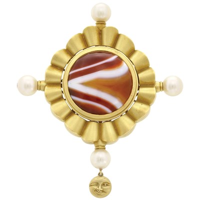 Lot 966 - Gold, Banded Carnelian and Cultured Pearl Clip-Brooch, Barry Kieselstein-Cord