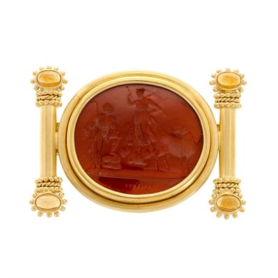 Lot 25 - Gold, Orange Glass Intaglio and Cabochon Citrine Clip-Brooch, Elizabeth Locke