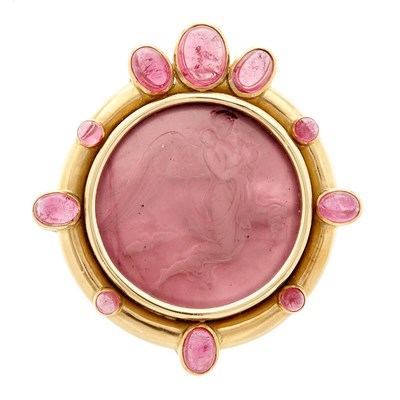 Lot 644 - Gold, Pink Glass Cameo and Cabochon Pink Tourmaline Clip-Brooch, Elizabeth Locke