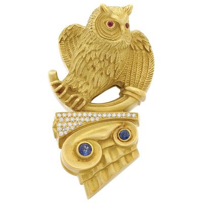 Lot 968 - Gold, Diamond and Gem-Set Owl Clip-Brooch, Barry Kieselstein-Cord