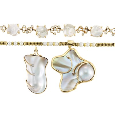 Lot 632 - Group of Gold, Cultured Pearl, Freshwater Pearl, Mother-of-Pearl and Diamond Jewelry