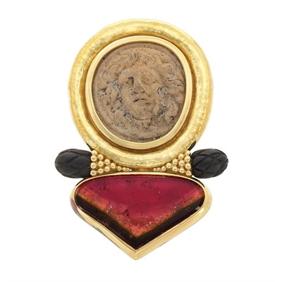 Lot 955 - Gold, Lava Cameo, Watermelon Tourmaline and Carved Ebony Brooch, Elizabeth Gage