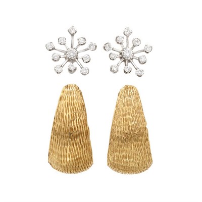 Lot 649 - Pair of Gold Hoop Earclips and Pair of White Gold and Diamond Earrings