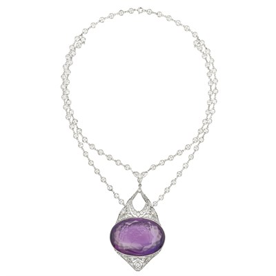 Lot 178 - Belle Epoque Platinum, Diamond and Amethyst Cameo Pendant-Necklace