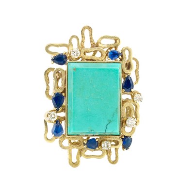 Lot 763 - Gold, Turquoise, Diamond and Sapphire Ring