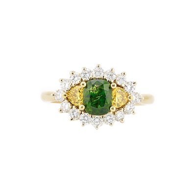 Lot 944 - Gold, Demantoid Garnet, Fancy Colored Diamond and Diamond Ring