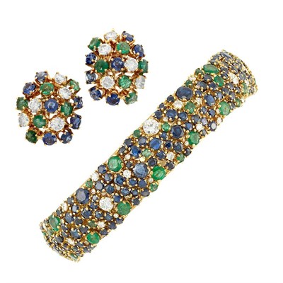 Lot 311 - Gold, Diamond, Sapphire and Emerald Bracelet and Pair of Earclips