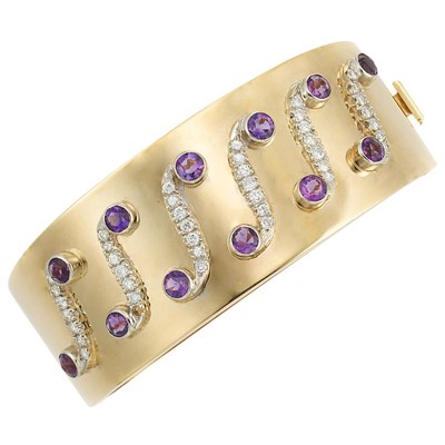 Lot 896 - Gold, Amethyst and Diamond Bangle Bracelet