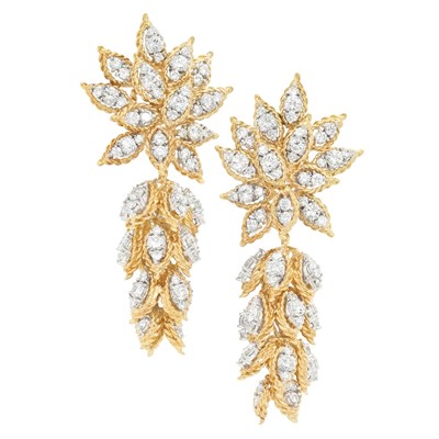 Lot 353 - Pair of Two-Color Gold and Diamond Pendant-Earrings