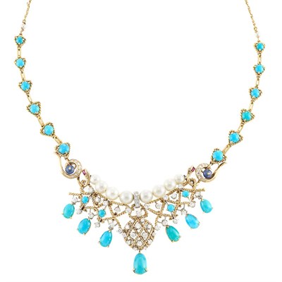Lot 388 - Gold, Turquoise, Diamond and Cultured Pearl Fringe Necklace