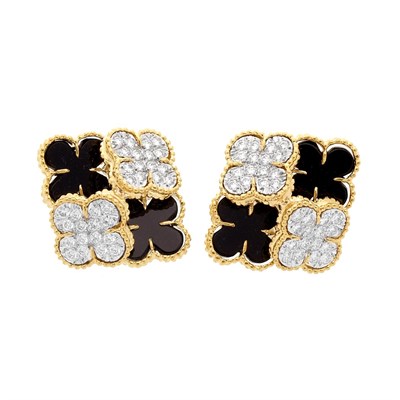 Lot 653 - Pair of Gold, Diamond and Black Onyx Earrings