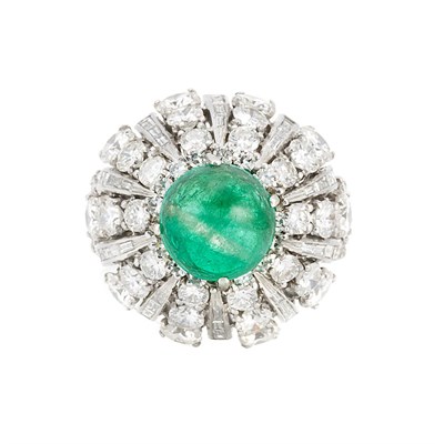 Lot 705 - Platinum, Cabochon Emerald and Diamond Dome Ring