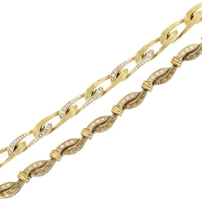 Lot 14 - Fluted Gold and Diamond Bracelet, France, and Two-Color Gold and Diamond Bracelet