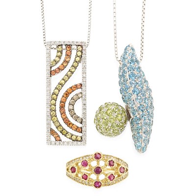 Lot 660 - Two White Gold and Multicolored Stone Pendant-Necklaces and Gold, Ruby and Diamond Ring