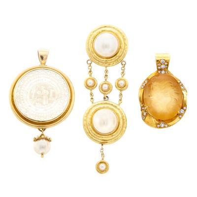 Lot 627 - Group of Gold, Gem-Set, Diamond, Mabe Pearl and Carved Mother-of-Pearl Jewelry