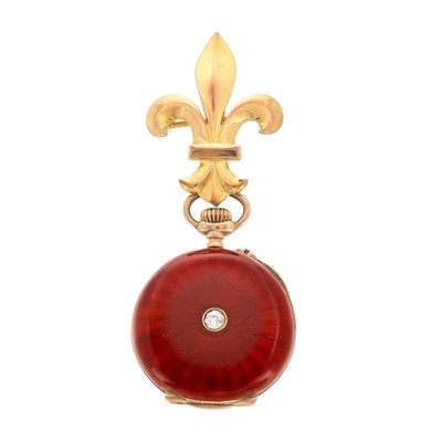 Lot 582 - Lady's Antique Gold, Red Guilloche Enamel and Diamond Lapel Pendant-Watch