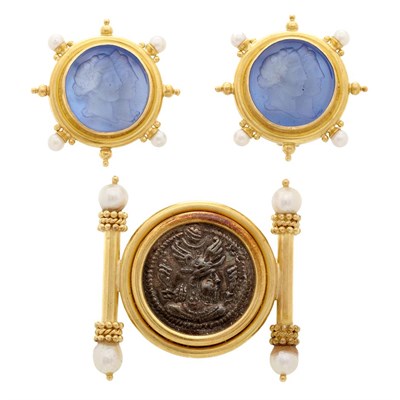 Lot 636 - Gold, Silver Coin and Cultured Pearl Clip-Brooch and Pair of Blue Glass Intaglio and Cultured Pearl Earclips, Elizabeth Locke