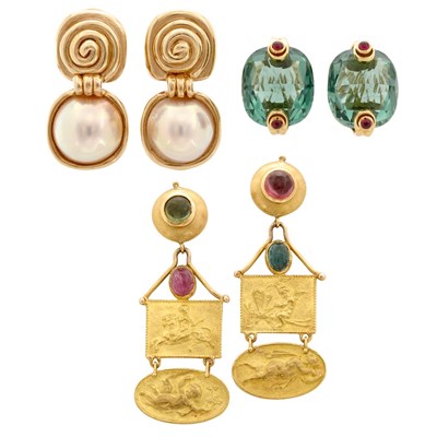 Lot 796 - Three Pairs of Gold, Mabe Pearl and Multicolored Stone Earrings