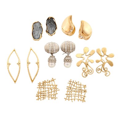 Lot 466 - Five Pairs of Gold Earrings and Pair of White Gold, Diamond and Cultured Pearl Pendant-Earrings