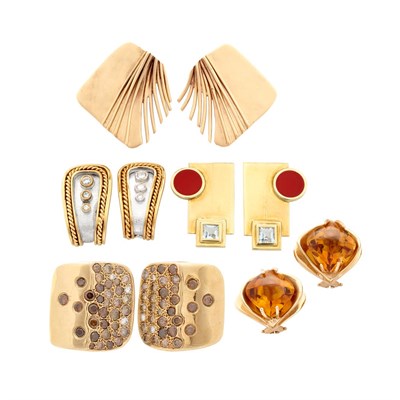 Lot 806 - Five Pairs of Gold, Diamond, Brown Diamond and Gem-Set Earrings