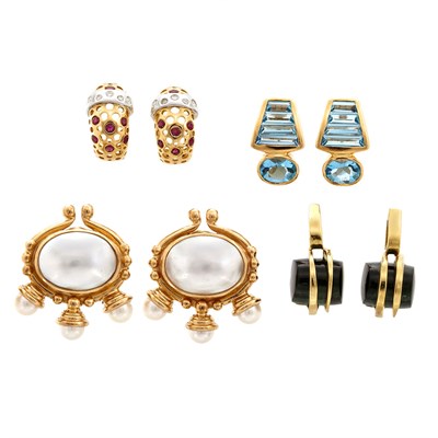 Lot 645 - Four Pairs of Gold, Gem-Set, Diamond and Mabe Pearl Earclips and Earrings