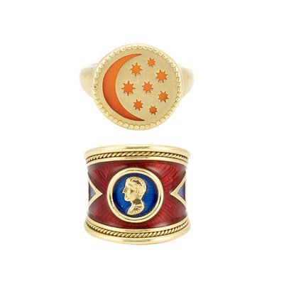Lot 128 - Gold and Carnelian Ring, Me & Ro, and Gold and Enamel Band Ring, Elizabeth Gage