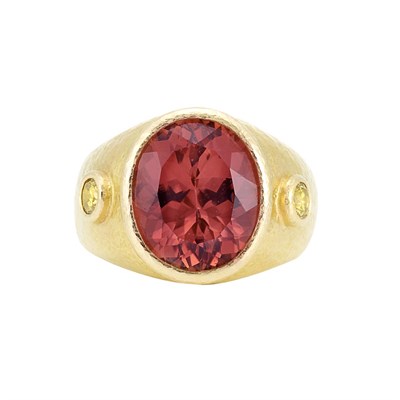 Lot 150 - Hammered Gold, Orange-Pink Tourmaline and Yellow Diamond Ring, Elizabeth Locke