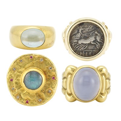 Lot 643 - Sterling Silver, High Karat Gold and Gem-Set Ring and Three Gold, Coin and Gem-Set Rings