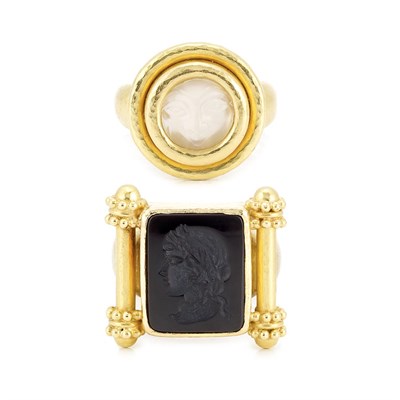 Lot 22 - Hammered Gold and Moonstone Cameo Ring and Black Onyx Intaglio Ring, Elizabeth Locke