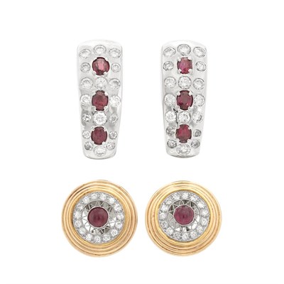 Lot 693 - Pair of White Gold, Ruby and Diamond Earrings and Pair of Gold, Cabochon Ruby and Diamond Earclips