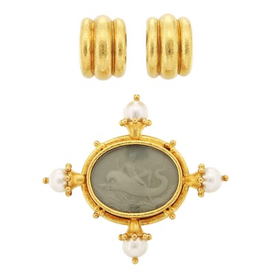 Lot 3 - Gold, Green Glass Intaglio and Cultured Pearl Clip-Brooch and Pair of Hammered Gold Earclips, Elizabeth Locke