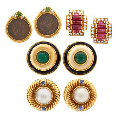 Lot 640 - Four Pairs of Gold, Gem-Set, Diamond, Mabe Pearl and Hardstone Earclips and Earrings