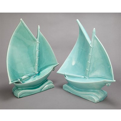 Lot 282 - Pair of Turquoise Glazed Porcelain Sailboats...