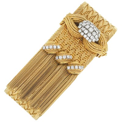 Lot 488 - Wide Braided Gold Mesh, Platinum and Diamond Fringe Slide Bracelet
