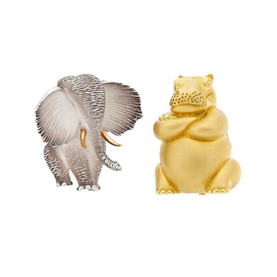 Lot 17 - Sterling Silver and Gold Elephant Brooch and Gold Hippopotamus Brooch, Henry Dunay