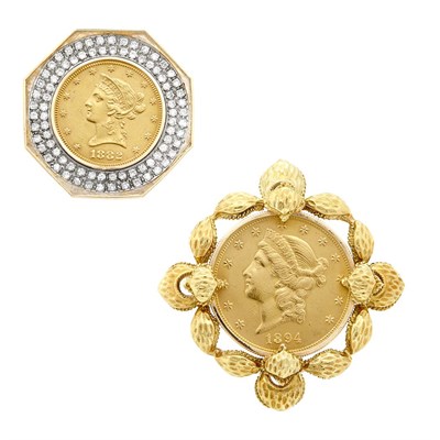 Lot 352 - Two-Color Gold, U.S. Gold Coin and Diamond Pendant and U.S. Gold Coin Pendant