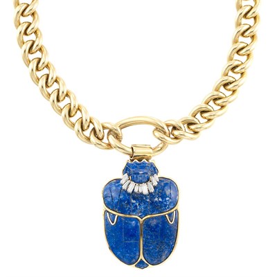 Lot 127 - Gold Chain Necklace with Gold, Lapis Scarab and Diamond Pendant