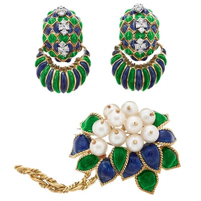 Lot 340 - Pair of Gold, Enamel and Diamond Door Knocker Earclips and Enamel and Cultured Pearl Flower Clip-Brooch