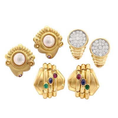 Lot 866 - Three Pairs of Gold, Diamond, Gem-Set and Mabe Pearl Earclips