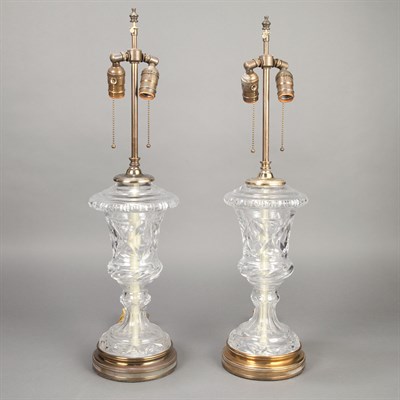 Lot 496 - Pair of Glass Vasiform Lamps Height 15 inches.