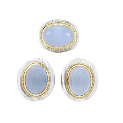 Lot 742 - Two-Color Gold, Dyed Blue Chalcedony and Diamond Ring and Pair of Earclips