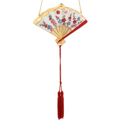 Lot 1026 - Gold-Tone Metal and Multicolored Rhinestone and Tassel Fan Evening Purse, Judith Leiber