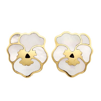 Lot 134 - Pair of Gold, Mother-of-Pearl and Black Onyx Flower Earclips, Tiffany & Co.