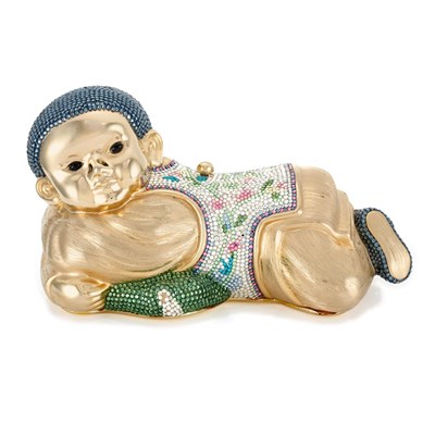 Lot 1017 - Gold-Tone Metal and Multicolored Rhinestone Baby Evening Purse, Judith Leiber